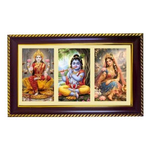 Lakshmi-Krishna-Radha Photo Frame 10x6 Inch | Glossy Maroon Polystyrene Frame | Divine Wall & Table Decor | Temple Decoration & Gift Item (Pack Of 1) (F20776)