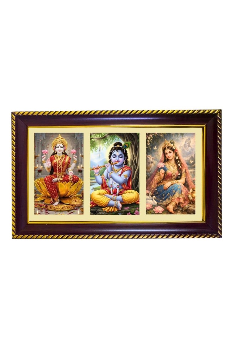 Lakshmi-Krishna-Radha Photo Frame 10x6 Inch | Glossy Maroon Polystyrene Frame | Divine Wall & Table Decor | Temple Decoration & Gift Item (Pack Of 1) (F20776)