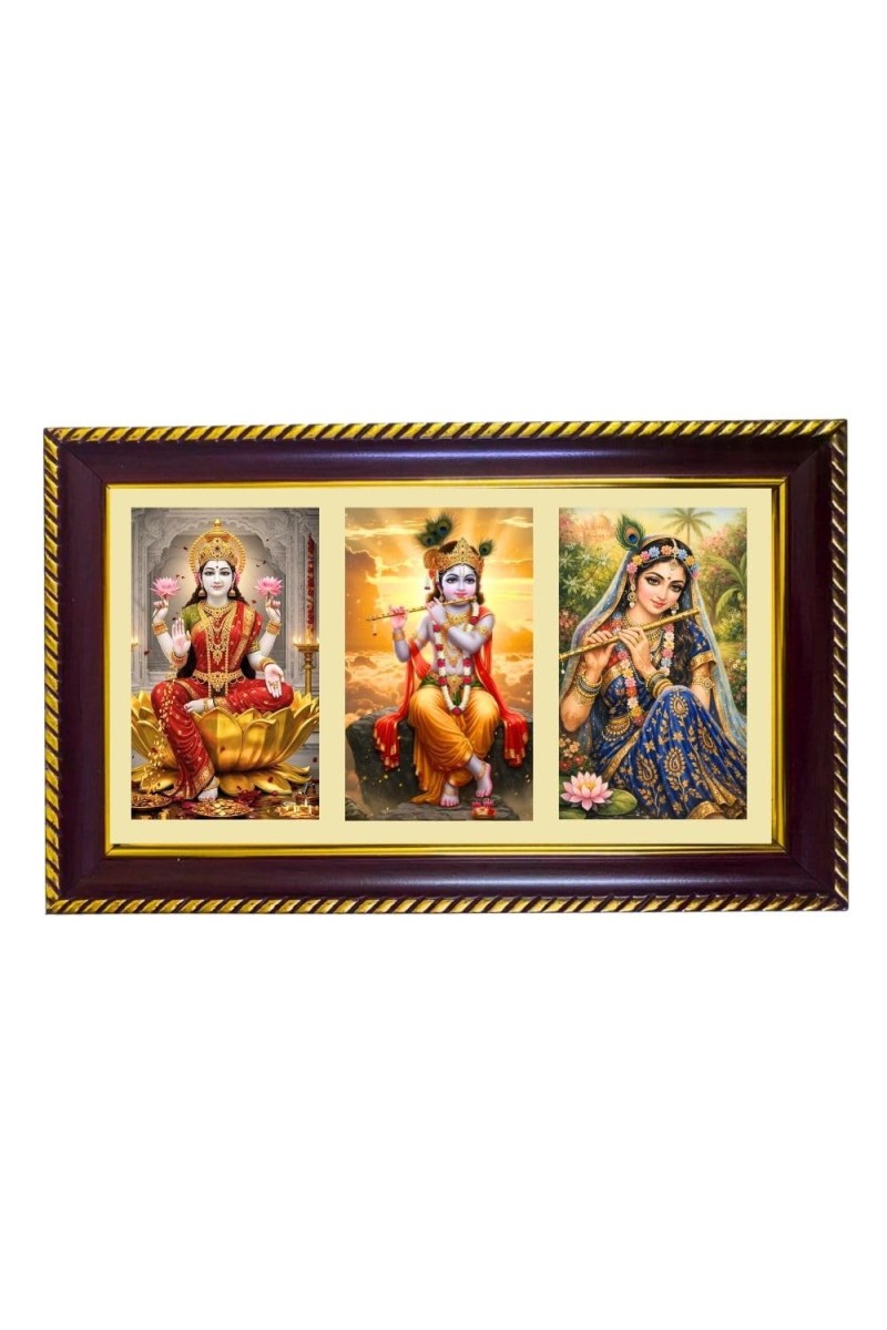 Lakshmi-Krishna-Radha Photo Frame 8x4 Inch | Glossy Maroon Polystyrene Frame | Divine Wall & Table Decor | Temple Decoration & Gift Item (Pack Of 1) (F20775)