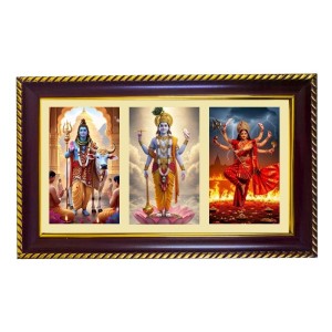 Shiva-Vishnu-Durga Photo Frame 8x4 Inch | Glossy Maroon Polystyrene Frame | Divine Wall & Table Decor | Temple Decoration & Gift Item (Pack Of 1) (F21358)