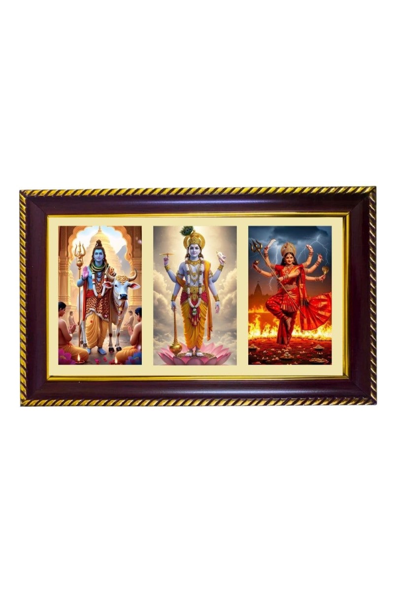 Shiva-Vishnu-Durga Photo Frame 8x4 Inch | Glossy Maroon Polystyrene Frame | Divine Wall & Table Decor | Temple Decoration & Gift Item (Pack Of 1) (F21358)