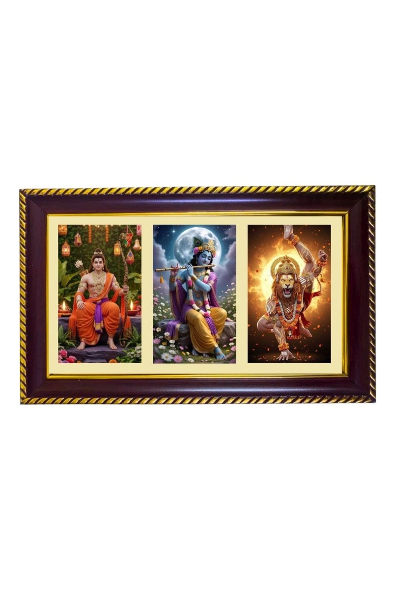 Ram-Krishna-Narshima Photo Frame 8x4 Inch | Glossy Maroon Polystyrene Frame | Divine Wall & Table Decor | Temple Decoration & Gift Item (Pack Of 1) (F21480)