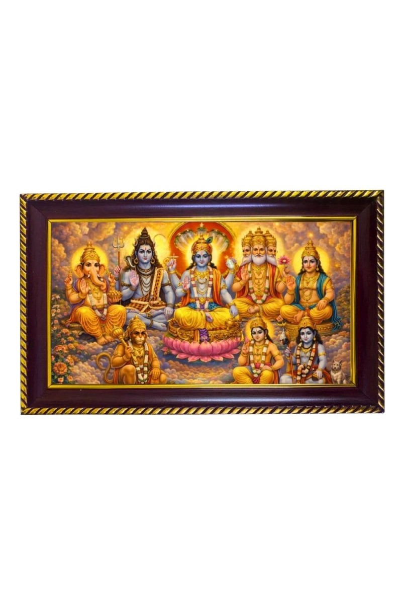 Vishnu, Shiva, And Brahma, Along With Ganesha, Hanuman Photo Frame 10x6 Inch | Glossy Maroon Polystyrene Frame | Divine Wall & Table Decor | Temple Decoration & Gift Item (Pack Of 1) (F20466)