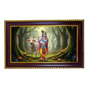 Lord Krishna Photo Frame 14x10 Inch | Glossy Maroon Polystyrene Frame | Divine Wall & Table Decor | Temple Decoration & Gift Item (Pack Of 1) (F20331)