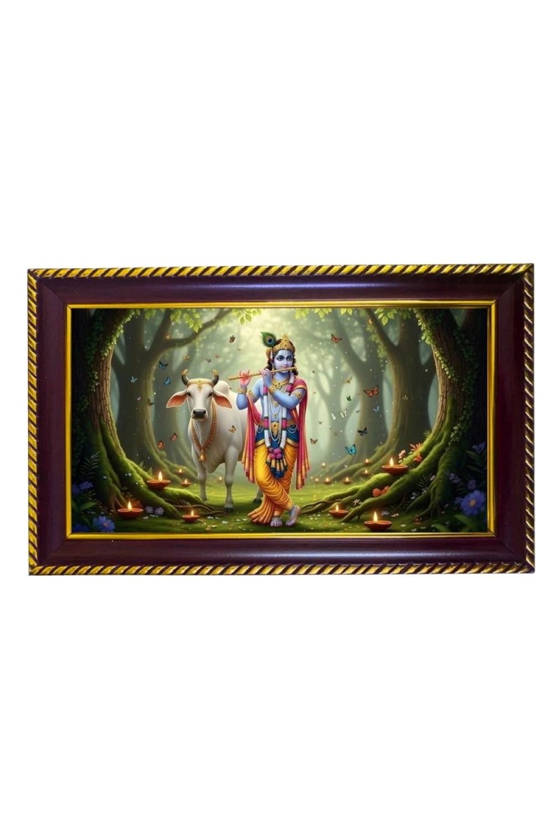 Lord Krishna Photo Frame 14x10 Inch | Glossy Maroon Polystyrene Frame | Divine Wall & Table Decor | Temple Decoration & Gift Item (Pack Of 1) (F20331)