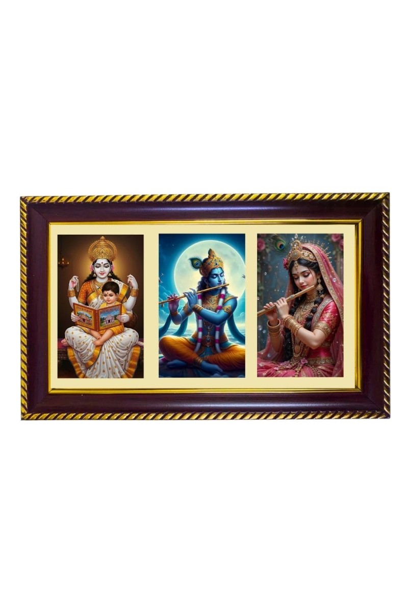 Sarswati-Krishna-Radha Photo Frame 10x6 Inch | Glossy Maroon Polystyrene Frame | Divine Wall & Table Decor | Temple Decoration & Gift Item (Pack Of 1) (F21103)