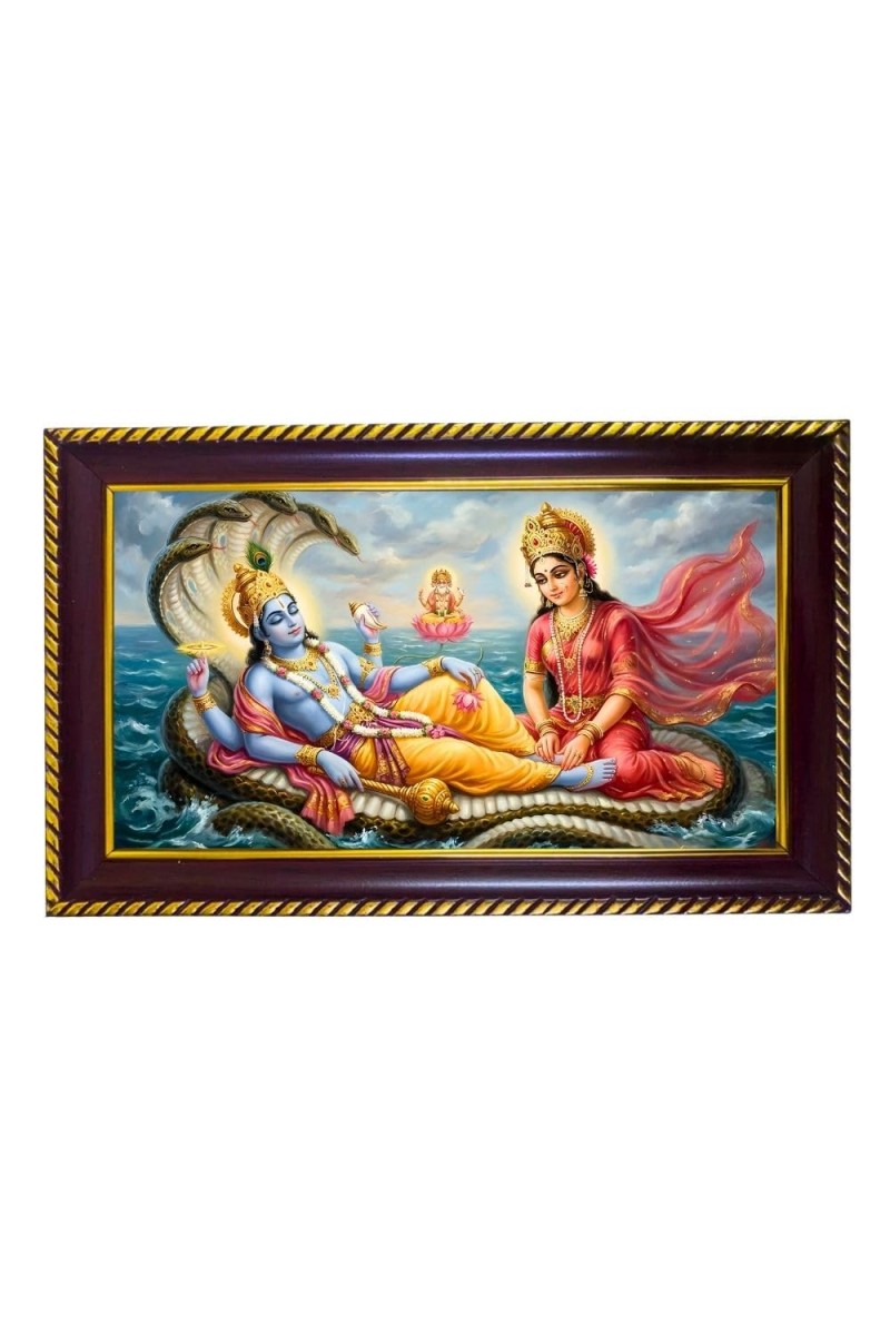 Lord Vishnu Laxmi Photo Frame 14x10 Inch | Glossy Maroon Polystyrene Frame | Divine Wall & Table Decor | Temple Decoration & Gift Item (Pack Of 1) (F20200)