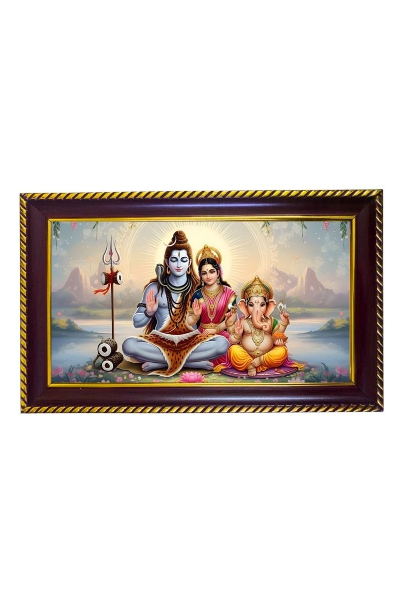Lord Shankar Pravti Ganesha Photo Frame 8x4 Inch | Glossy Maroon Polystyrene Frame | Divine Wall & Table Decor | Temple Decoration & Gift Item (Pack Of 1) (F20224)