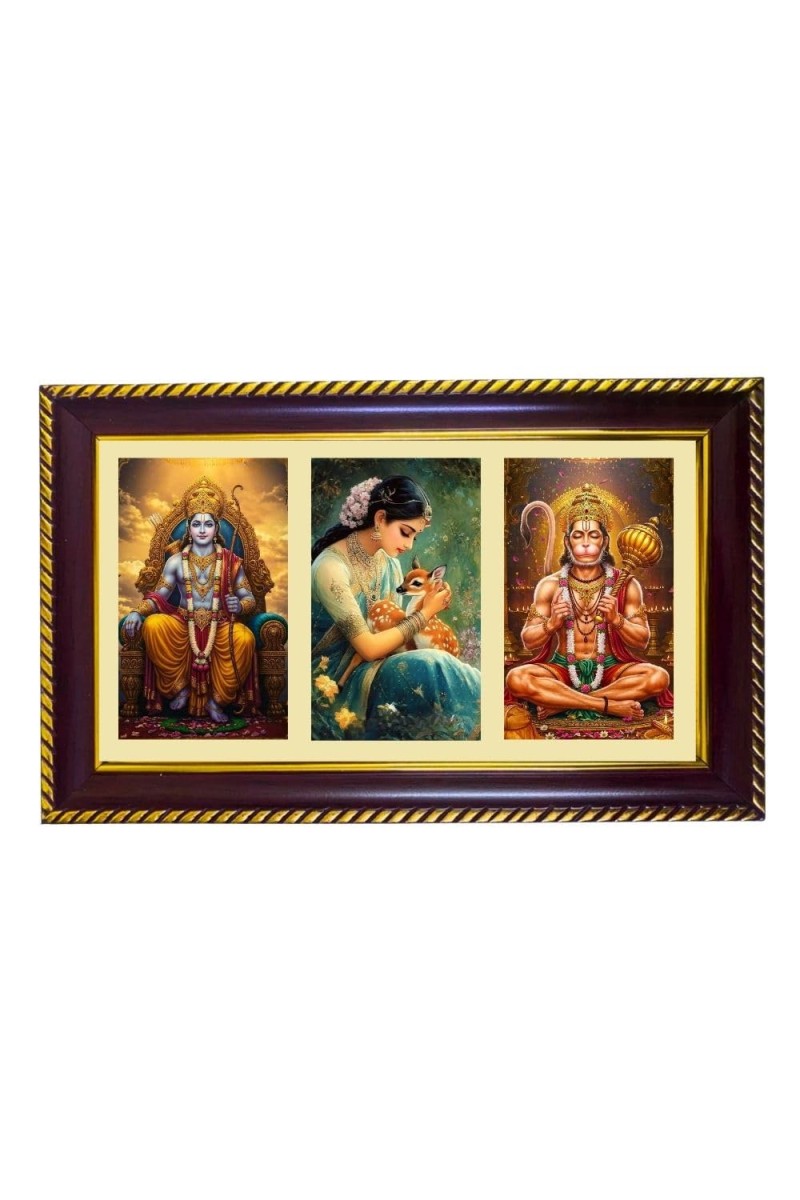 Ram-Sita-Hanuman Photo Frame 8x4 Inch | Glossy Maroon Polystyrene Frame | Divine Wall & Table Decor | Temple Decoration & Gift Item (Pack Of 1) (F20908)