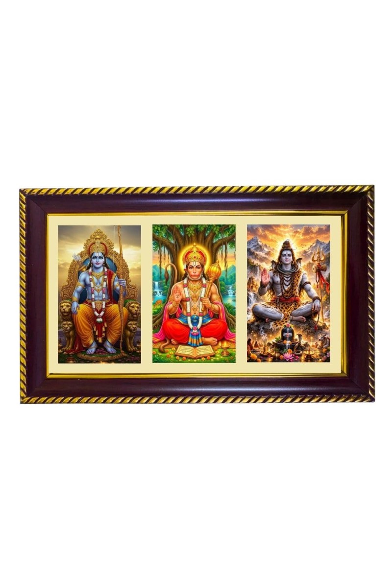Ram-Hanuman-Shiva Photo Frame 8x4 Inch | Glossy Maroon Polystyrene Frame | Divine Wall & Table Decor | Temple Decoration & Gift Item (Pack Of 1) (F21083)