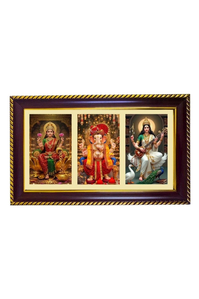 Lakshmi-Ganesha-Sarswati Photo Frame 10x6 Inch | Glossy Maroon Polystyrene Frame | Divine Wall & Table Decor | Temple Decoration & Gift Item (Pack Of 1) (F21298)
