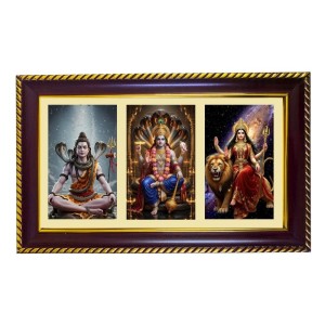 Shiva-Vishnu-Durga Photo Frame 8x4 Inch | Glossy Maroon Polystyrene Frame | Divine Wall & Table Decor | Temple Decoration & Gift Item (Pack Of 1) (F21373)