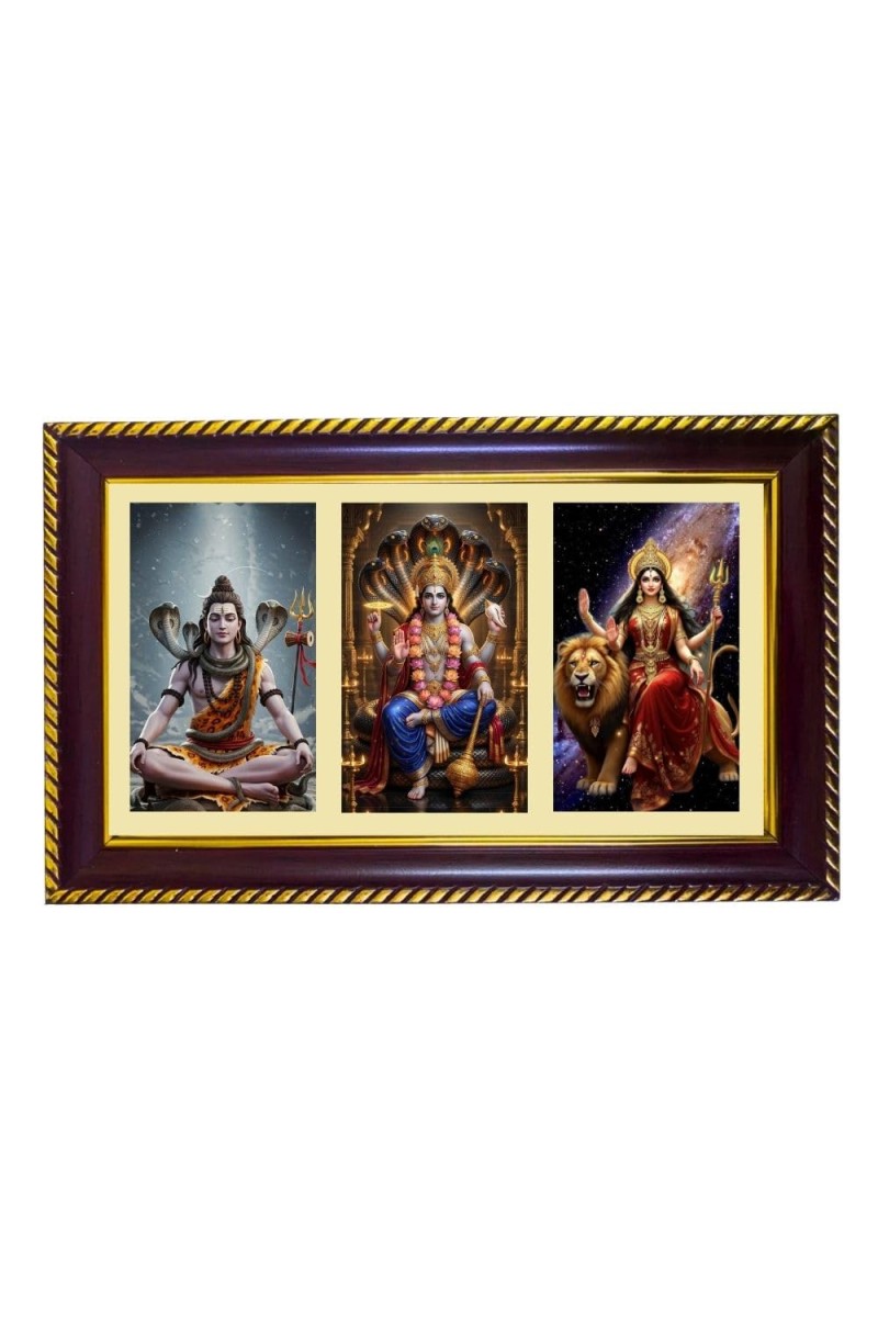 Shiva-Vishnu-Durga Photo Frame 8x4 Inch | Glossy Maroon Polystyrene Frame | Divine Wall & Table Decor | Temple Decoration & Gift Item (Pack Of 1) (F21373)