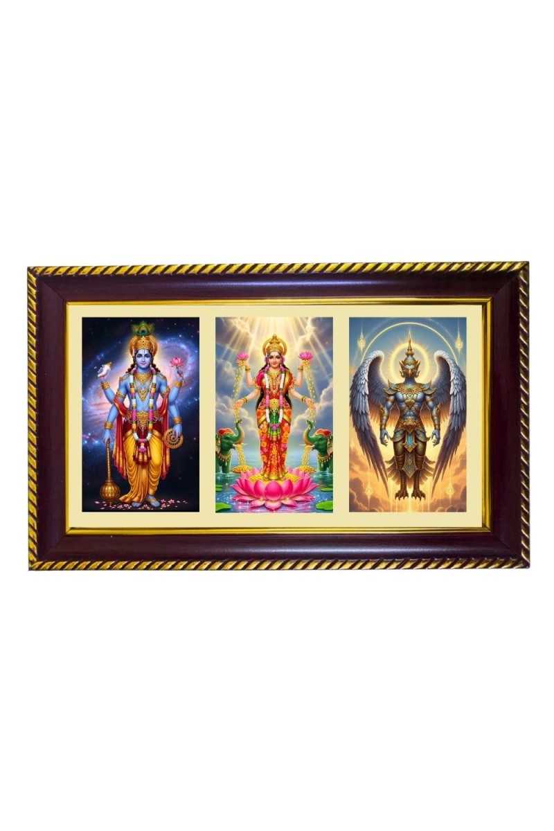 Vishnu-Laxmi-Garuda Photo Frame 8x4 Inch | Glossy Maroon Polystyrene Frame | Divine Wall & Table Decor | Temple Decoration & Gift Item (Pack Of 1) (F20925)