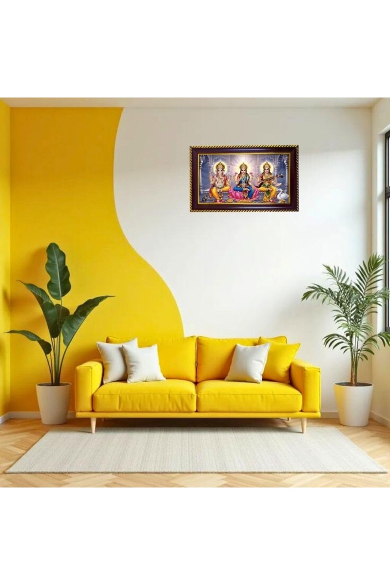 Lakshmi -Gannesha-Sarswati Photo Frame 14x10 Inch | Glossy Maroon Polystyrene Frame | Divine Wall & Table Decor | Temple Decoration & Gift Item (Pack Of 1) (F20073)