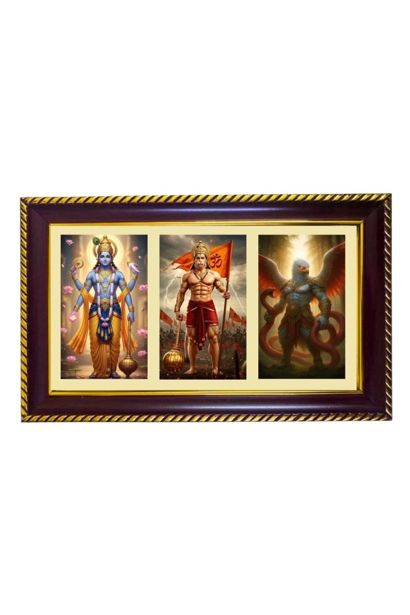 Vishnu-Hanuman-Garuda Photo Frame 14x10 Inch | Glossy Maroon Polystyrene Frame | Divine Wall & Table Decor | Temple Decoration & Gift Item (Pack Of 1) (F21018)