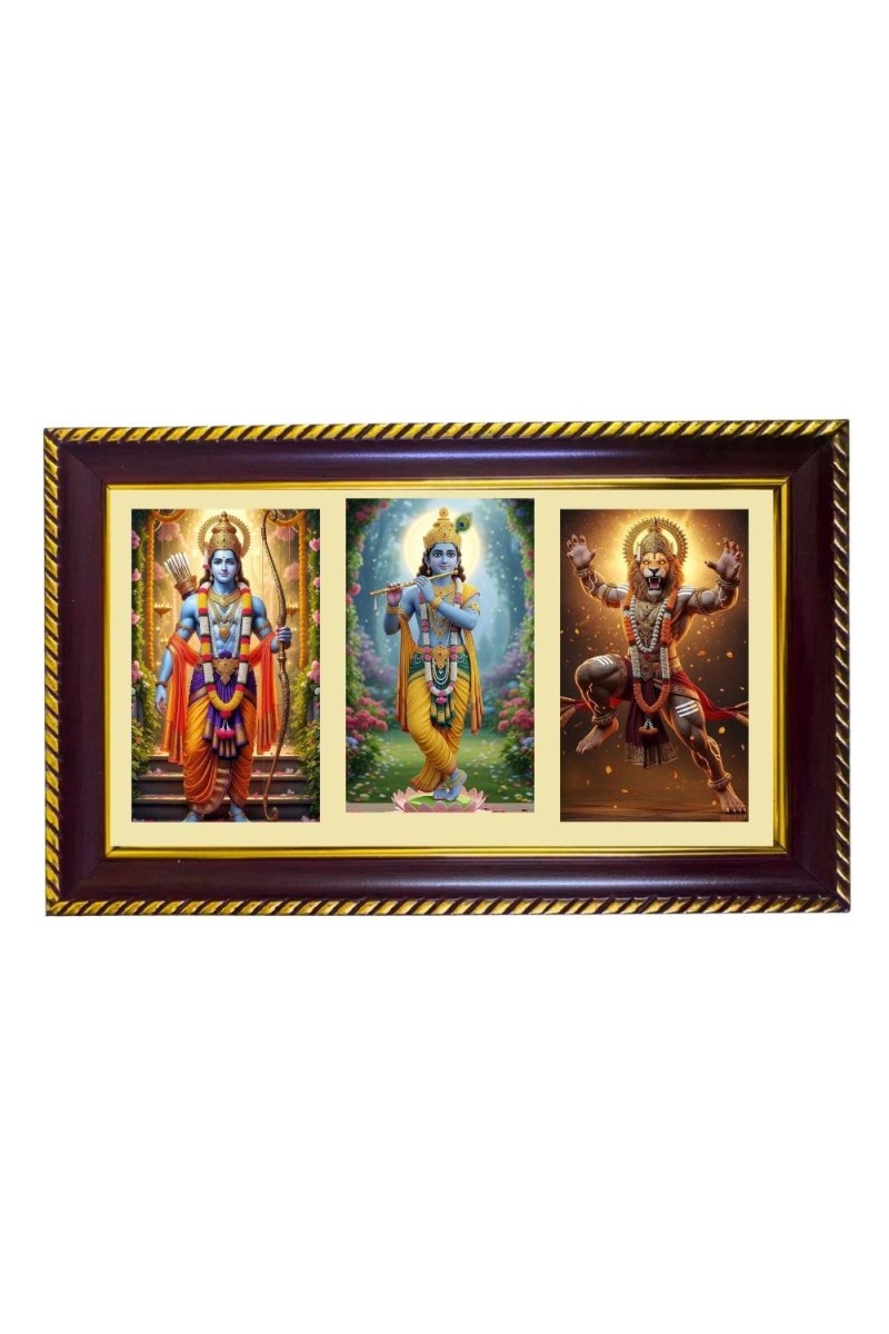 Ram-Krishna-Narshima Photo Frame 12x8 Inch | Glossy Maroon Polystyrene Frame | Divine Wall & Table Decor | Temple Decoration & Gift Item (Pack Of 1) (F21497)