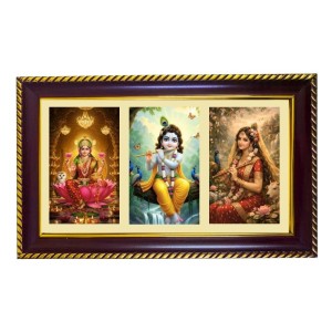 Lakshmi-Krishna-Radha Photo Frame 14x10 Inch | Glossy Maroon Polystyrene Frame | Divine Wall & Table Decor | Temple Decoration & Gift Item (Pack Of 1) (F20771)