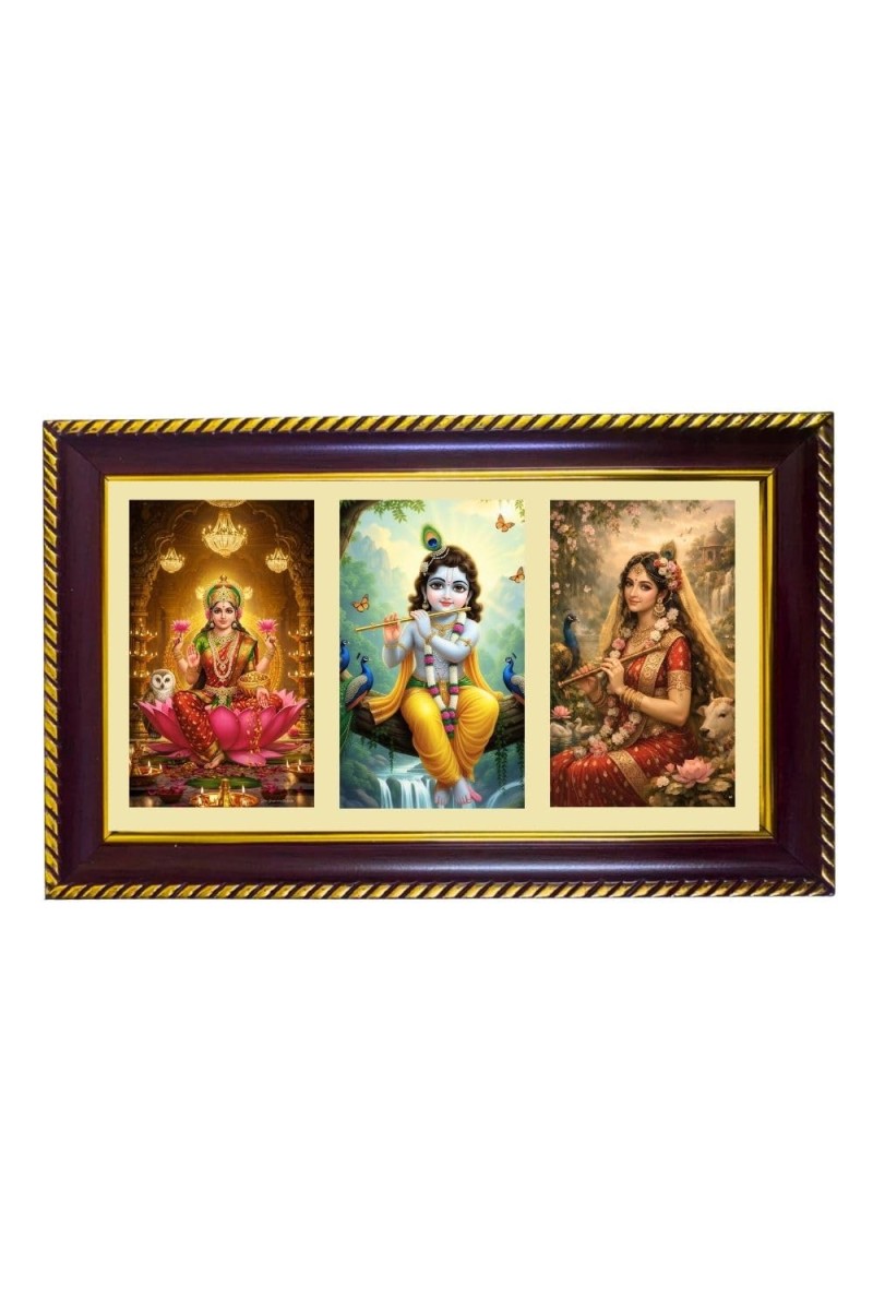 Lakshmi-Krishna-Radha Photo Frame 14x10 Inch | Glossy Maroon Polystyrene Frame | Divine Wall & Table Decor | Temple Decoration & Gift Item (Pack Of 1) (F20771)