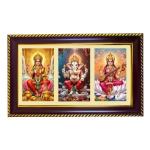 Lakshmi-Ganpati Sarswati Photo Frame 14x10 Inch | Glossy Maroon Polystyrene Frame | Divine Wall & Table Decor | Temple Decoration & Gift Item (Pack Of 1) (F21126)