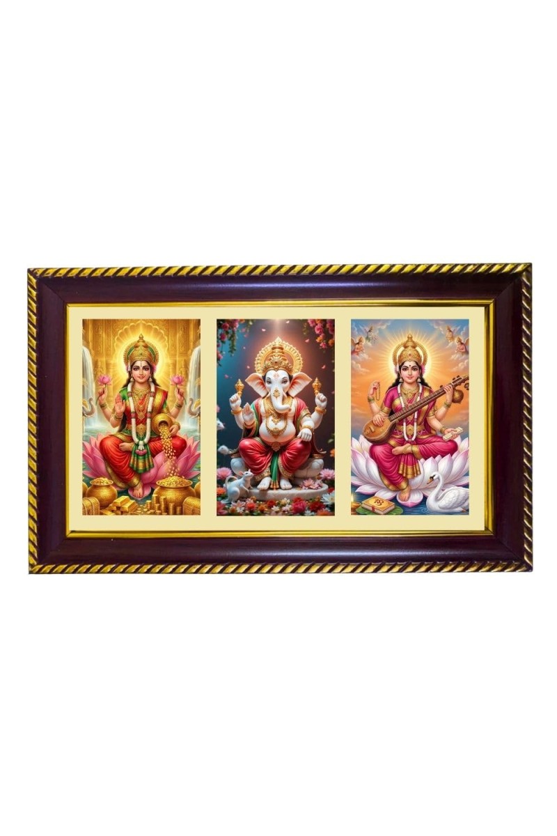 Lakshmi-Ganpati Sarswati Photo Frame 14x10 Inch | Glossy Maroon Polystyrene Frame | Divine Wall & Table Decor | Temple Decoration & Gift Item (Pack Of 1) (F21126)