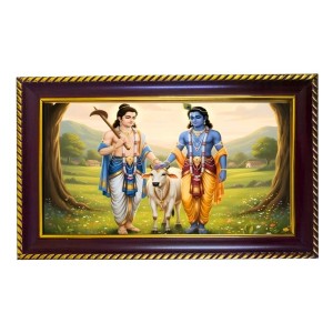 Lord Krishna And Lord Balarama Photo Frame 12x8 Inch | Glossy Maroon Polystyrene Frame | Divine Wall & Table Decor | Temple Decoration & Gift Item (Pack Of 1) (F20396)