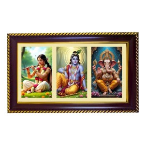Radha-Krishna-Ganesha Photo Frame 8x4 Inch | Glossy Maroon Polystyrene Frame | Divine Wall & Table Decor | Temple Decoration & Gift Item (Pack Of 1) (F21305)