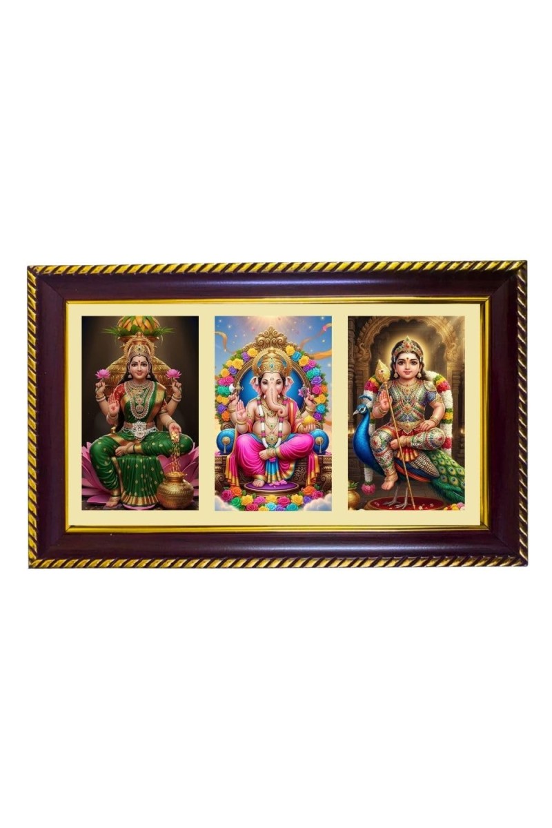 Laxmi-Ganpati-Kartikeya Photo Frame 8x4 Inch | Glossy Maroon Polystyrene Frame | Divine Wall & Table Decor | Temple Decoration & Gift Item (Pack Of 1) (F20996)