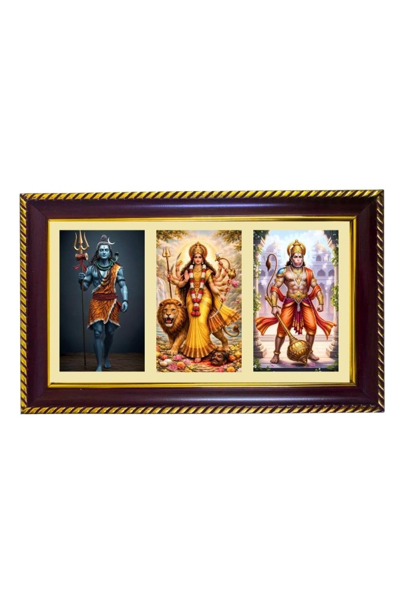 Shiva-Durga-Hanuman Photo Frame 10x6 Inch | Glossy Maroon Polystyrene Frame | Divine Wall & Table Decor | Temple Decoration & Gift Item (Pack Of 1) (F20865)
