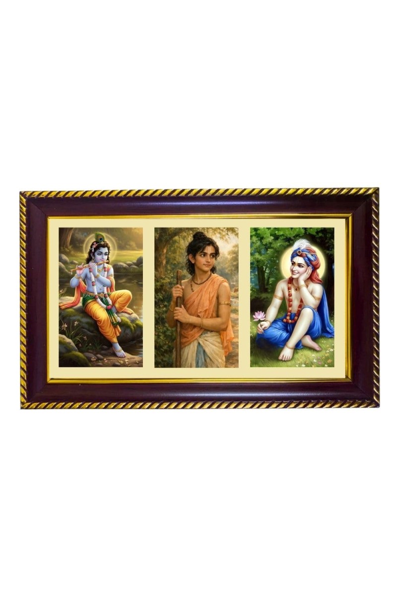 Krishna-Sudhama-balrama Photo Frame 8x4 Inch | Glossy Maroon Polystyrene Frame | Divine Wall & Table Decor | Temple Decoration & Gift Item (Pack Of 1) (F21079)