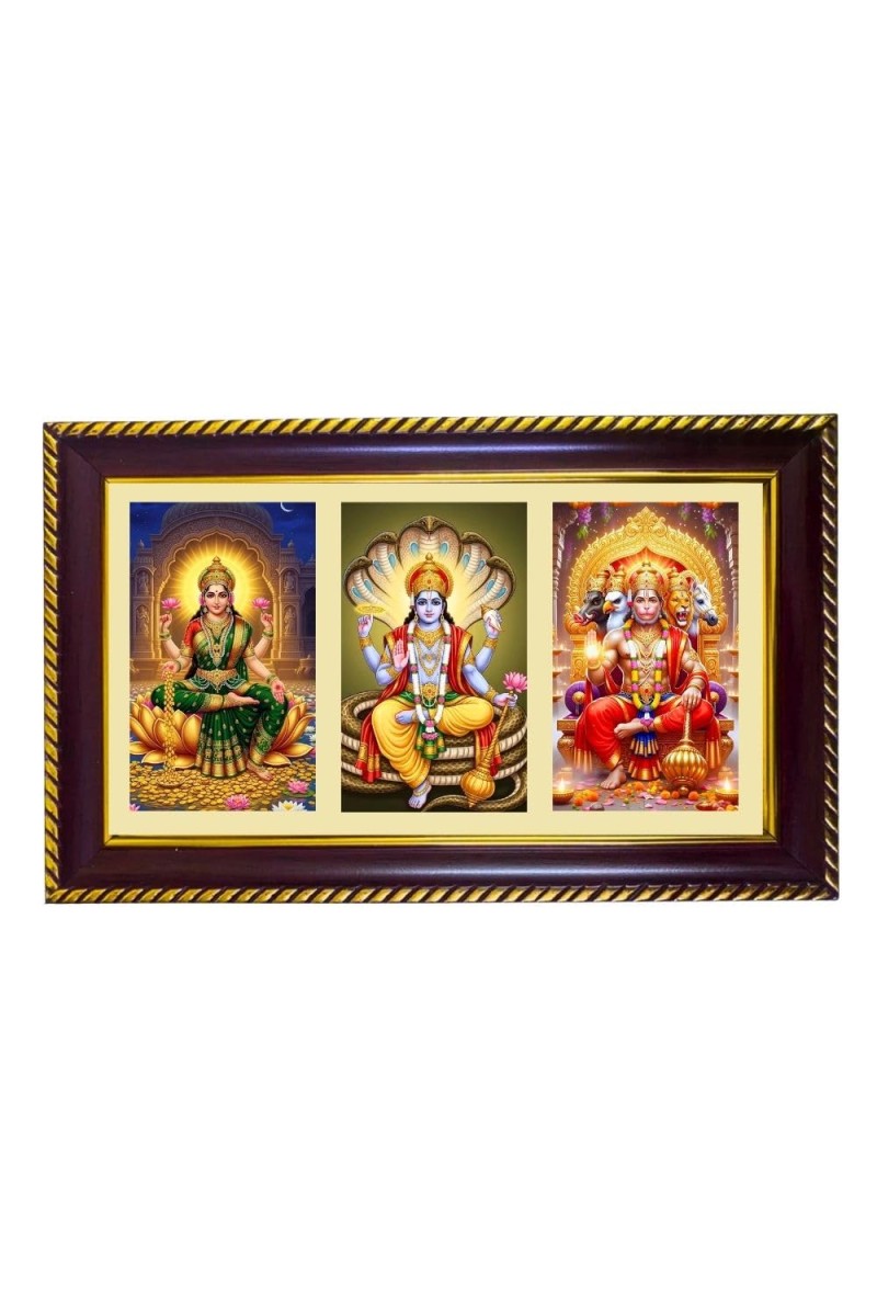 Lakshmi-Vishnu-Hanuman Photo Frame 8x4 Inch | Glossy Maroon Polystyrene Frame | Divine Wall & Table Decor | Temple Decoration & Gift Item (Pack Of 1) (F20732)