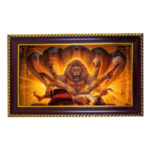 Lord Narshimha Photo Frame 12x8 Inch | Glossy Maroon Polystyrene Frame | Divine Wall & Table Decor | Temple Decoration & Gift Item (Pack Of 1) (F20337)
