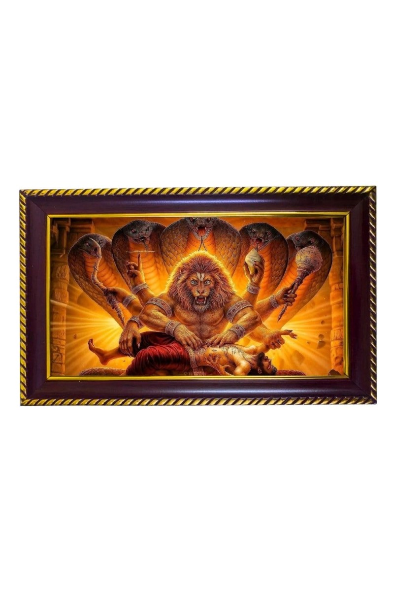 Lord Narshimha Photo Frame 12x8 Inch | Glossy Maroon Polystyrene Frame | Divine Wall & Table Decor | Temple Decoration & Gift Item (Pack Of 1) (F20337)
