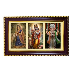 Radha-Krishna-Ganpati Photo Frame 8x4 Inch | Glossy Maroon Polystyrene Frame | Divine Wall & Table Decor | Temple Decoration & Gift Item (Pack Of 1) (F21338)