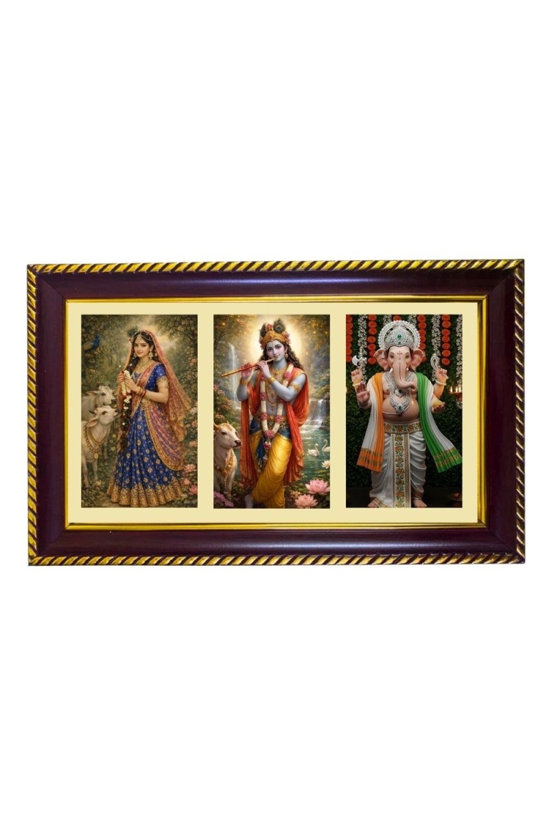 Radha-Krishna-Ganpati Photo Frame 8x4 Inch | Glossy Maroon Polystyrene Frame | Divine Wall & Table Decor | Temple Decoration & Gift Item (Pack Of 1) (F21338)