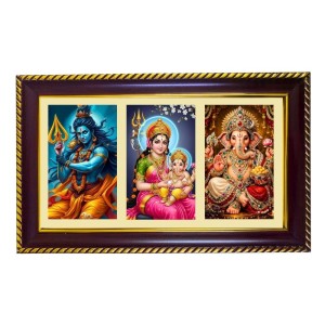 Shiva-Parvti-Ganesha Photo Frame 8x4 Inch | Glossy Maroon Polystyrene Frame | Divine Wall & Table Decor | Temple Decoration & Gift Item (Pack Of 1) (F20867)