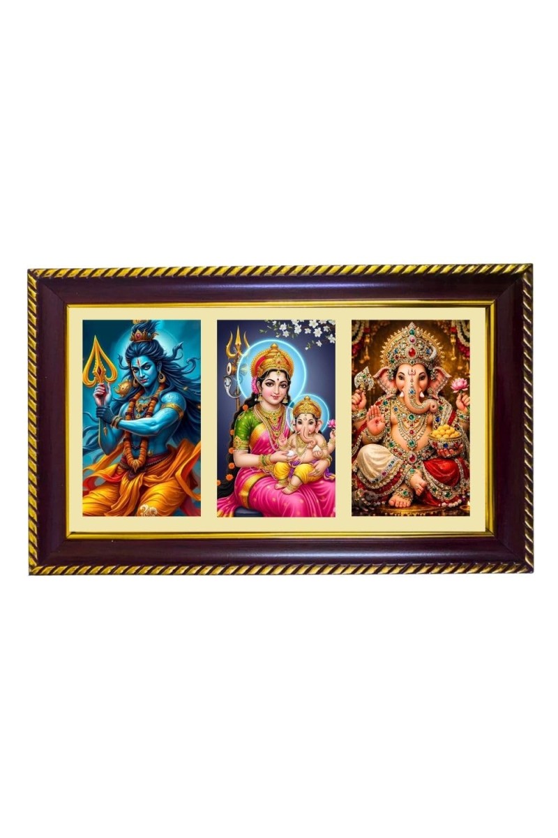Shiva-Parvti-Ganesha Photo Frame 8x4 Inch | Glossy Maroon Polystyrene Frame | Divine Wall & Table Decor | Temple Decoration & Gift Item (Pack Of 1) (F20867)