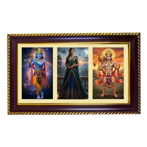 Krishna-Radha-Hanuman Photo Frame 10x6 Inch | Glossy Maroon Polystyrene Frame | Divine Wall & Table Decor | Temple Decoration & Gift Item (Pack Of 1) (F21058)