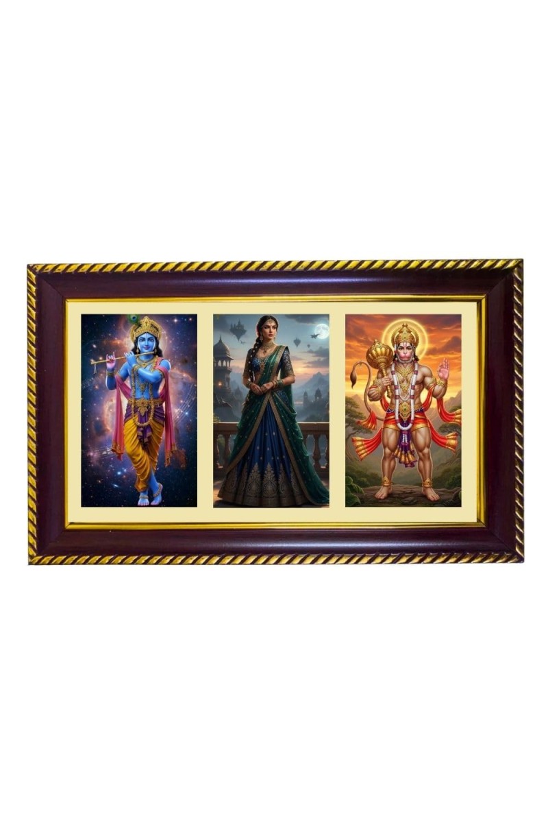 Krishna-Radha-Hanuman Photo Frame 10x6 Inch | Glossy Maroon Polystyrene Frame | Divine Wall & Table Decor | Temple Decoration & Gift Item (Pack Of 1) (F21058)