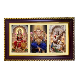 Lakshmi-Ganesha-Sarswati Photo Frame 14x10 Inch | Glossy Maroon Polystyrene Frame | Divine Wall & Table Decor | Temple Decoration & Gift Item (Pack Of 1) (F21295)