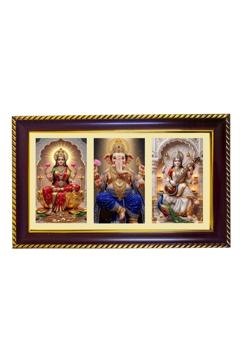 Lakshmi-Ganesha-Sarswati Photo Frame 14x10 Inch | Glossy Maroon Polystyrene Frame | Divine Wall & Table Decor | Temple Decoration & Gift Item (Pack Of 1) (F21295)