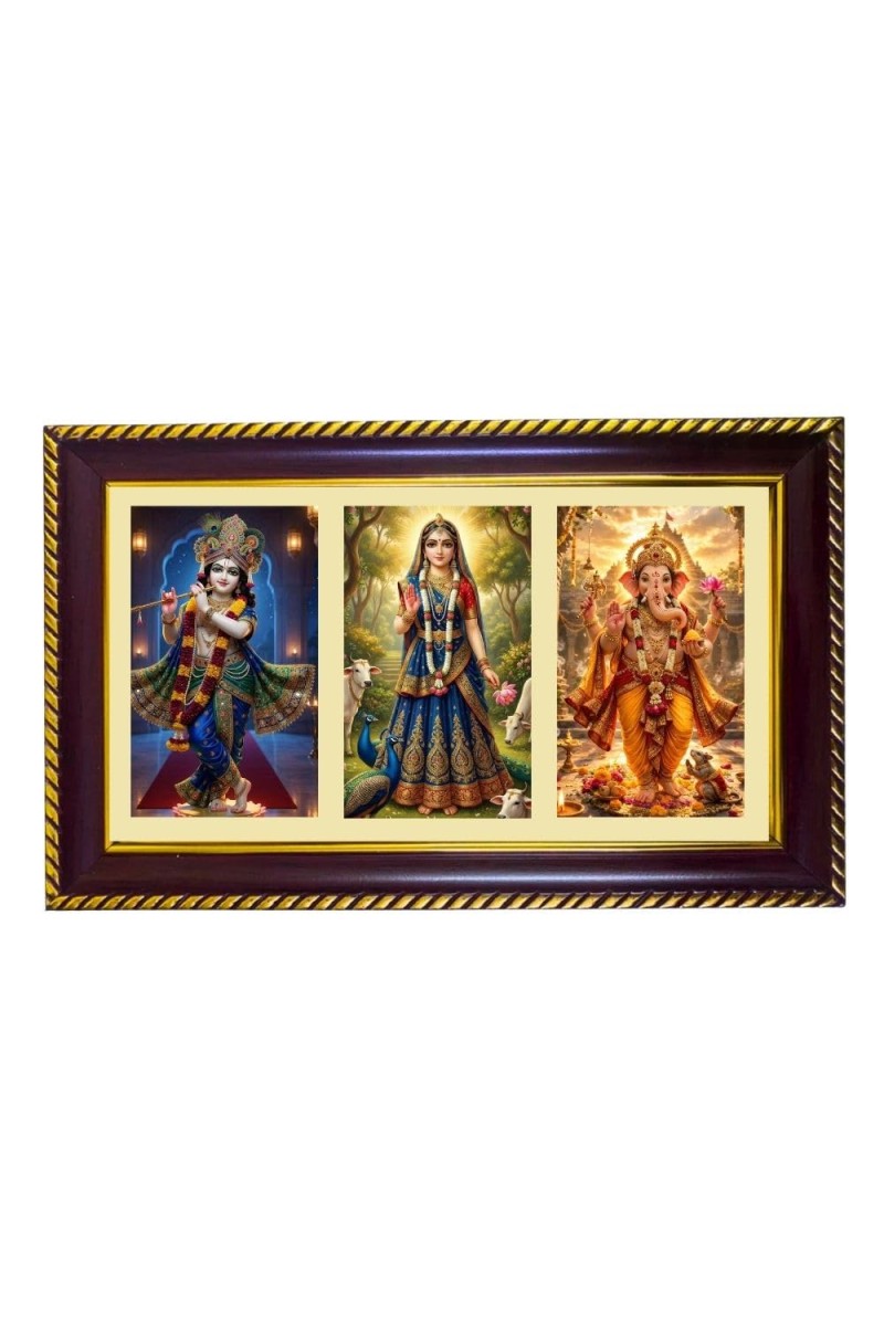 Krishna-Radha-Ganesha Photo Frame 8x4 Inch | Glossy Maroon Polystyrene Frame | Divine Wall & Table Decor | Temple Decoration & Gift Item (Pack Of 1) (F21049)