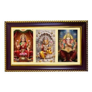 Lakshmi-Narshima-Ganesha Photo Frame 10x6 Inch | Glossy Maroon Polystyrene Frame | Divine Wall & Table Decor | Temple Decoration & Gift Item (Pack Of 1) (F21388)