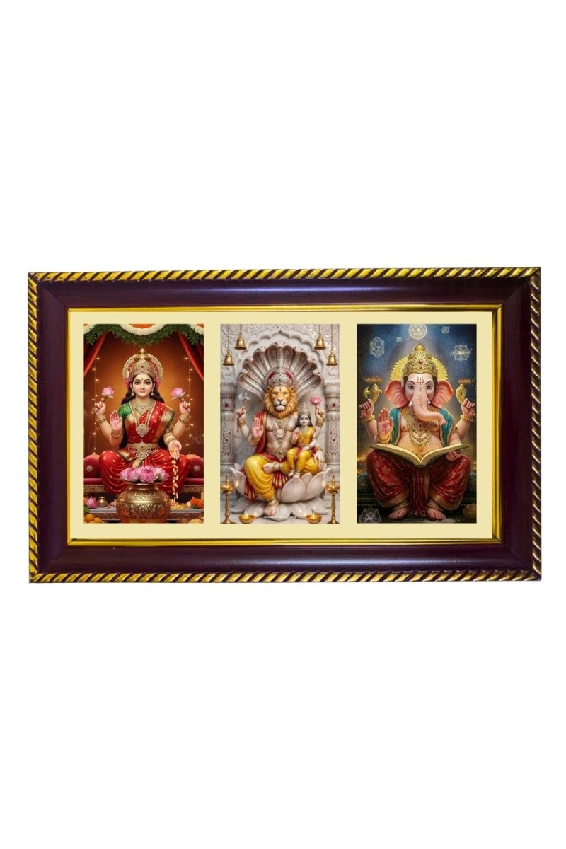 Lakshmi-Narshima-Ganesha Photo Frame 10x6 Inch | Glossy Maroon Polystyrene Frame | Divine Wall & Table Decor | Temple Decoration & Gift Item (Pack Of 1) (F21388)