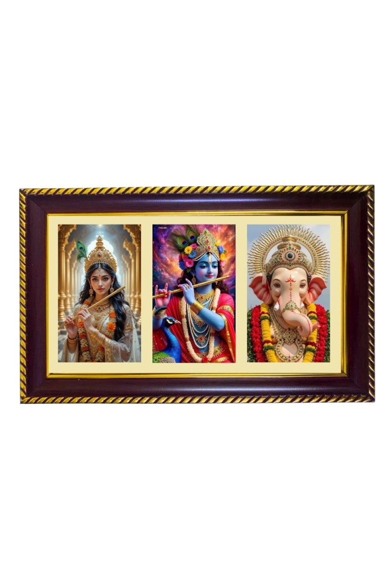Radha-Krishna-Ganesha Photo Frame 10x6 Inch | Glossy Maroon Polystyrene Frame | Divine Wall & Table Decor | Temple Decoration & Gift Item (Pack Of 1) (F21308)