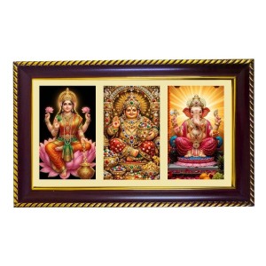 Lakshmi-Kubera-Ganpti Photo Frame 14x10 Inch | Glossy Maroon Polystyrene Frame | Divine Wall & Table Decor | Temple Decoration & Gift Item (Pack Of 1) (F21369)