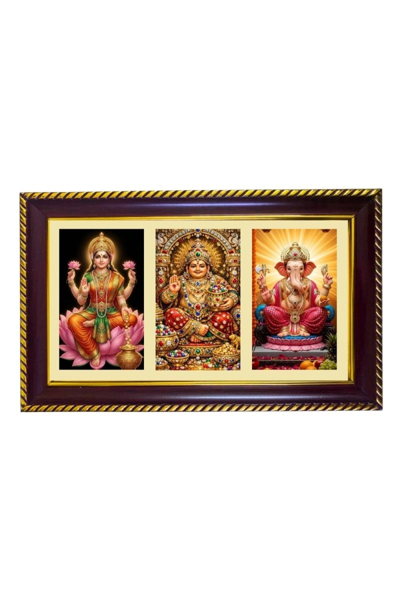 Lakshmi-Kubera-Ganpti Photo Frame 14x10 Inch | Glossy Maroon Polystyrene Frame | Divine Wall & Table Decor | Temple Decoration & Gift Item (Pack Of 1) (F21369)