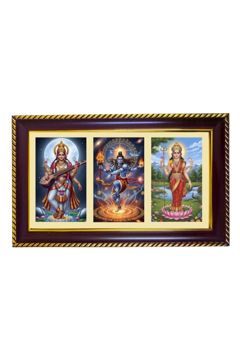 Sarswati-Shiva-Durga Photo Frame 10x6 Inch | Glossy Maroon Polystyrene Frame | Divine Wall & Table Decor | Temple Decoration & Gift Item (Pack Of 1) (F21106)