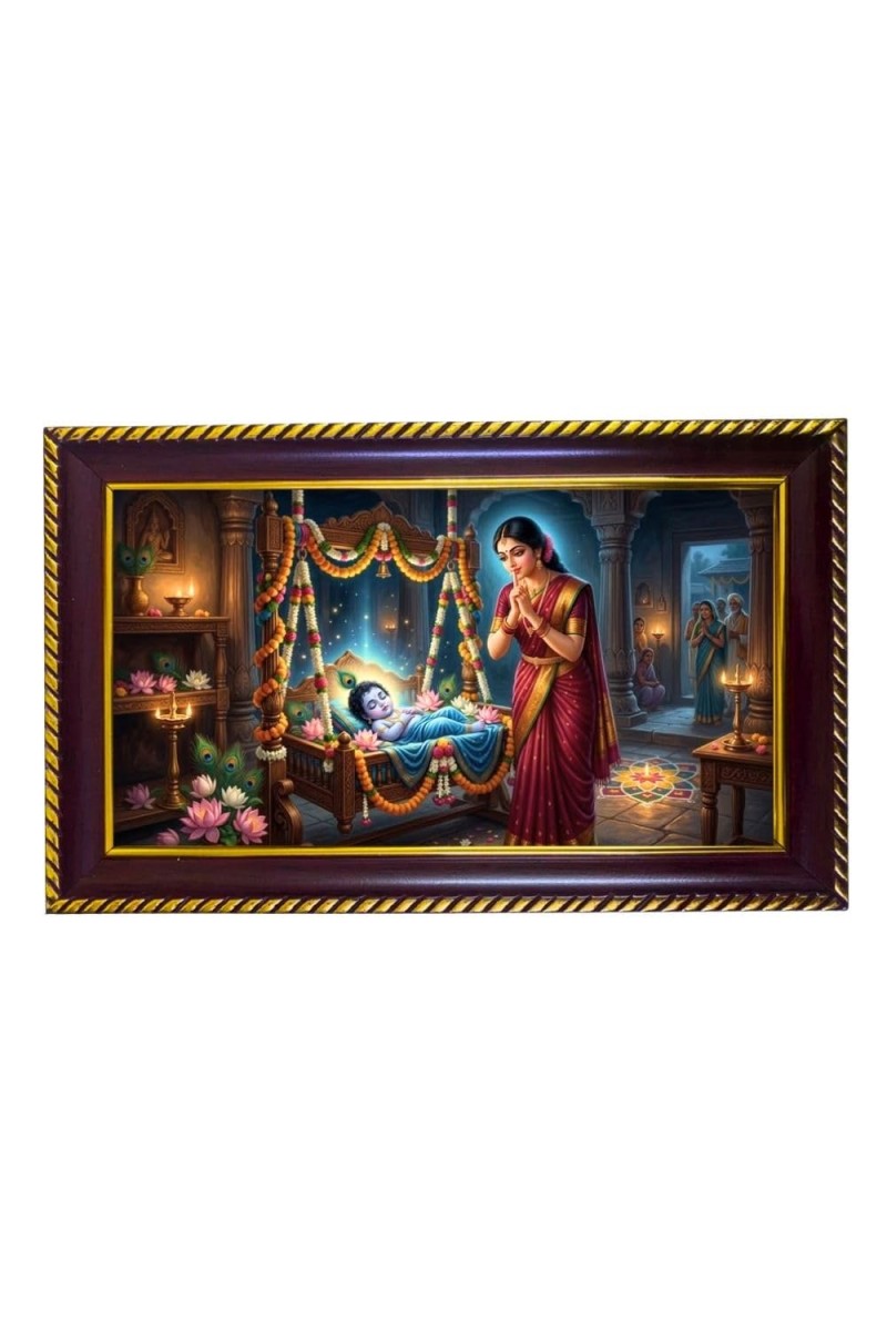 Lord Krishna Photo Frame 8x4 Inch | Glossy Maroon Polystyrene Frame | Divine Wall & Table Decor | Temple Decoration & Gift Item (Pack Of 1) (F20458)