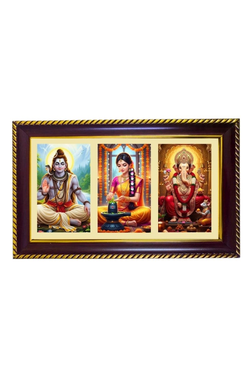 Shiva-Parvti-Ganpati Photo Frame 8x4 Inch | Glossy Maroon Polystyrene Frame | Divine Wall & Table Decor | Temple Decoration & Gift Item (Pack Of 1) (F20822)